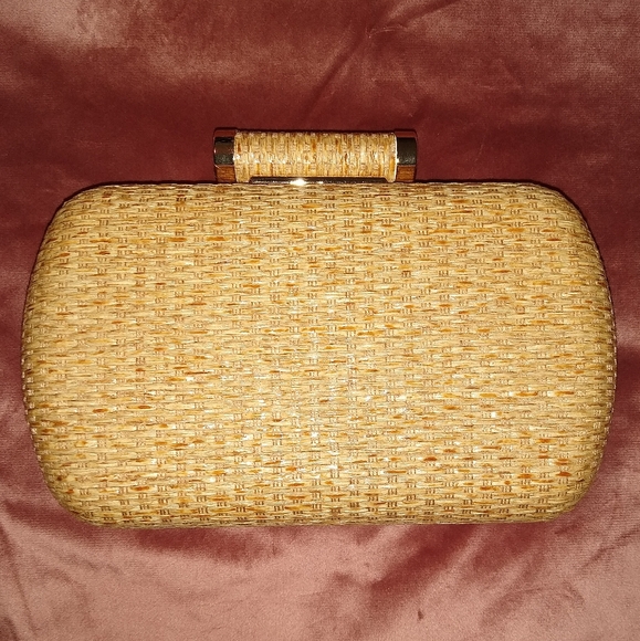 Tan Rattan Hard Case Clutch Purse Woven Wicker Handbag Crossbody Bag Long Chain - Picture 13 of 13